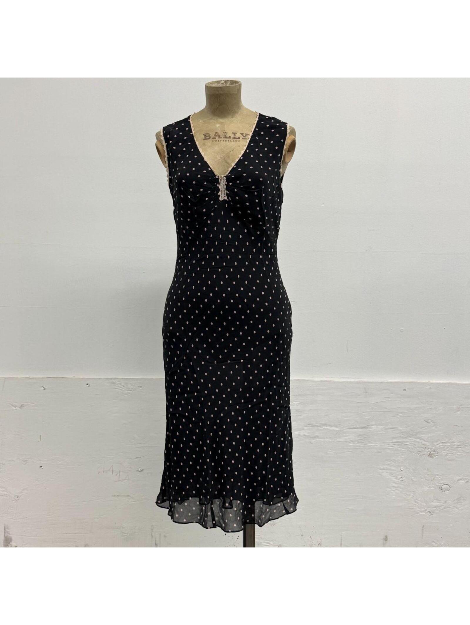 Vintage Black Y2k Polka Dot Lace-Trim Silk Midi Dress